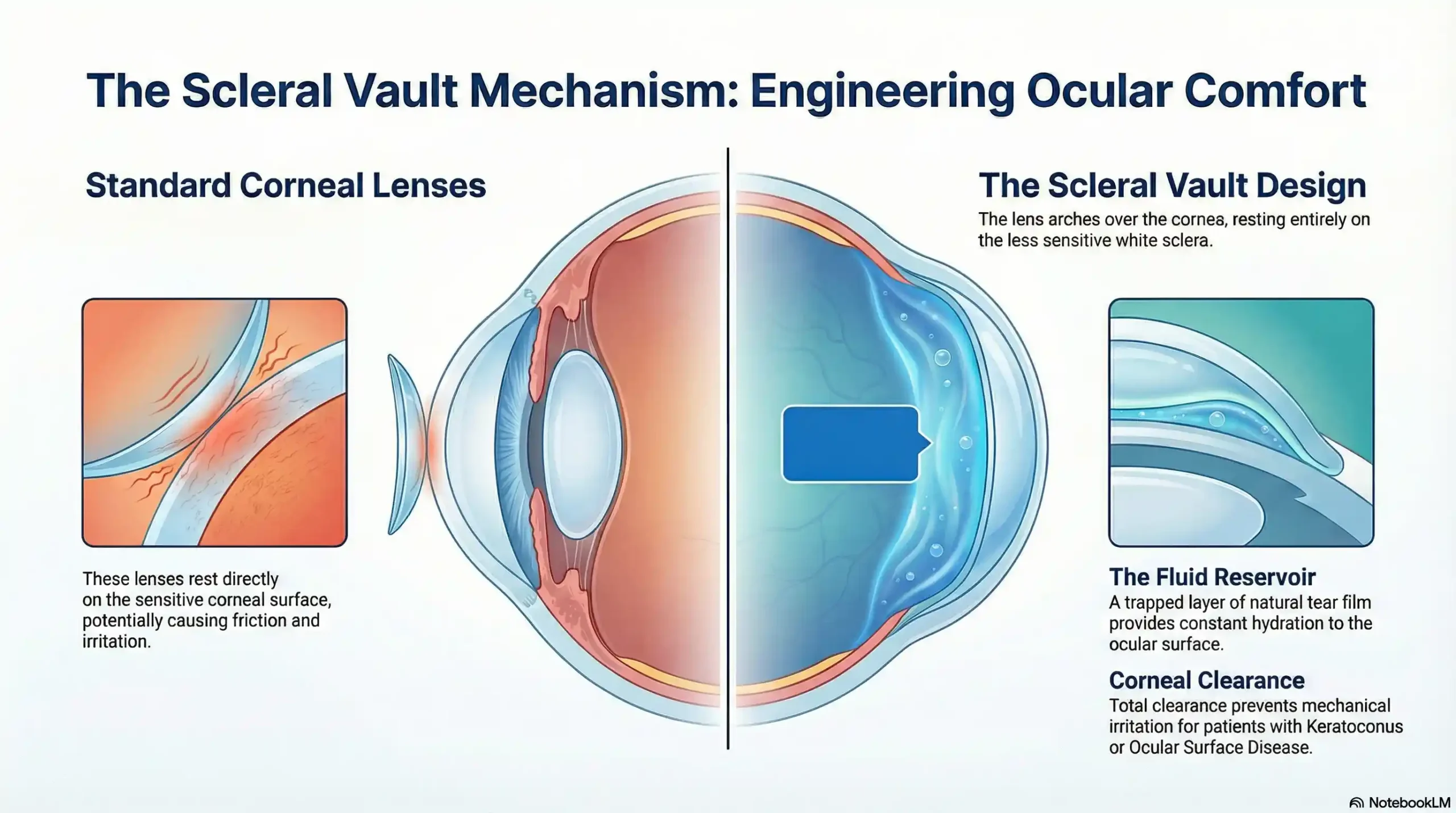 Diagram showing a Scleral lens vaulting the cornea to create a tear film fluid reservoir.