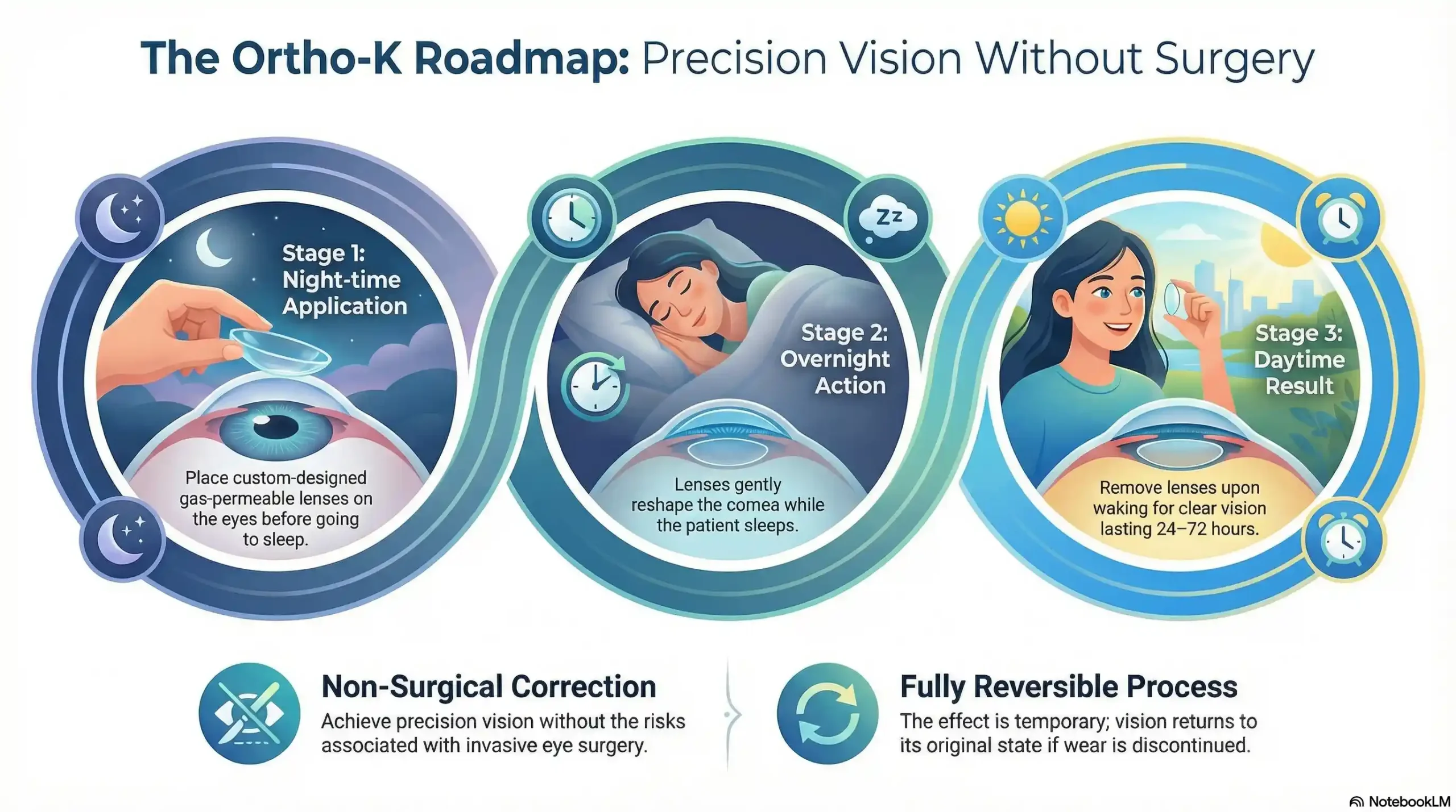 Diagram showing the Orthokeratology (Ortho-K) corneal reshaping process overnight.