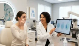 Patient trying daily disposable contact lenses during a professional fitting with an optometrist in Richmond, TX to find the most comfortable lens material and oxygen-permeable design.