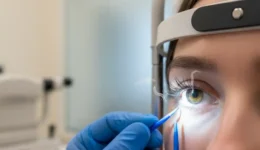 Optometrist examining eyelash follicles with a slit-lamp microscope to diagnose Demodex eyelash mites and eyelid inflammation.
