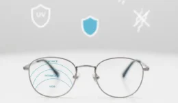 Diagram-style image showing eyeglass lens types and coatings including single vision, progressive lenses, anti-reflective coating, and blue light protection.