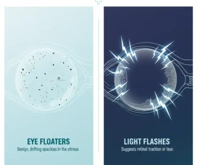 Medical illustration comparing eye floaters and flashes, showing dark drifting specks in the vitreous and lightning-like flashes near the retina that may signal a retinal emergency.