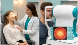 Side-by-side comparison of eye dilation drops and retinal imaging scan in a modern optometry clinic.