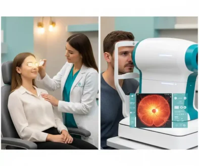 Side-by-side comparison of eye dilation drops and retinal imaging scan in a modern optometry clinic.