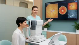 Patient undergoing retinal imaging exam while eye doctor reviews detailed retina scan on screen in a modern eye clinic.