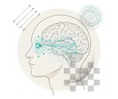 Illustration of the human visual system showing how the eye and brain process optical illusions like Müller-Lyer lines, checker shadow, and motion patterns.