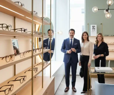 Trendy 2026 eyeglass frames including oversized, cat-eye, metal, clear, and tortoiseshell styles displayed in a modern optical shop