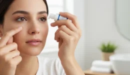 Person correctly applying eye drops by pulling down lower eyelid and instilling a single drop without touching the eye.