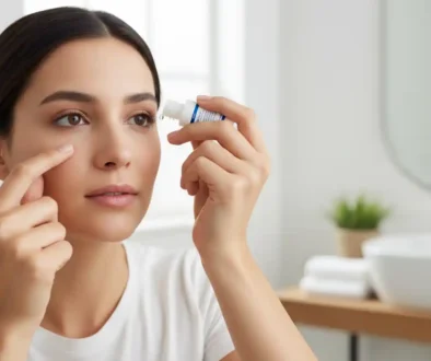 Person correctly applying eye drops by pulling down lower eyelid and instilling a single drop without touching the eye.