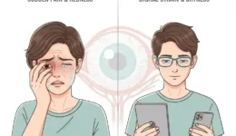 Split visual comparing sudden painful red eye (acute condition) with gradual eye strain from screen use (chronic condition)