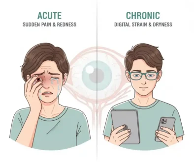 Split visual comparing sudden painful red eye (acute condition) with gradual eye strain from screen use (chronic condition)