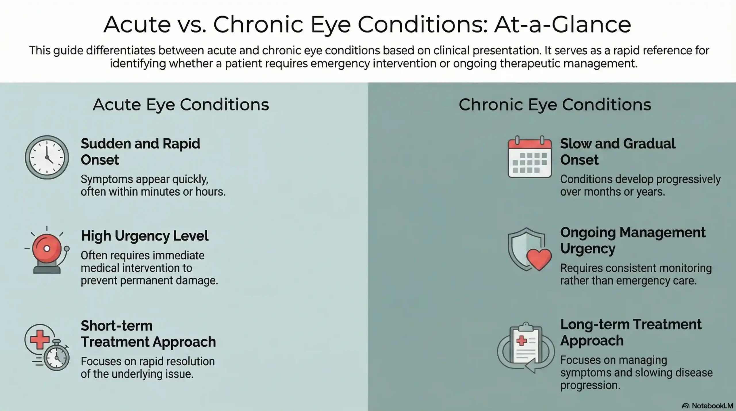 A side-by-side comparison infographic detailing the onset, duration, symptoms, urgency, and treatment for acute and chronic eye conditions.