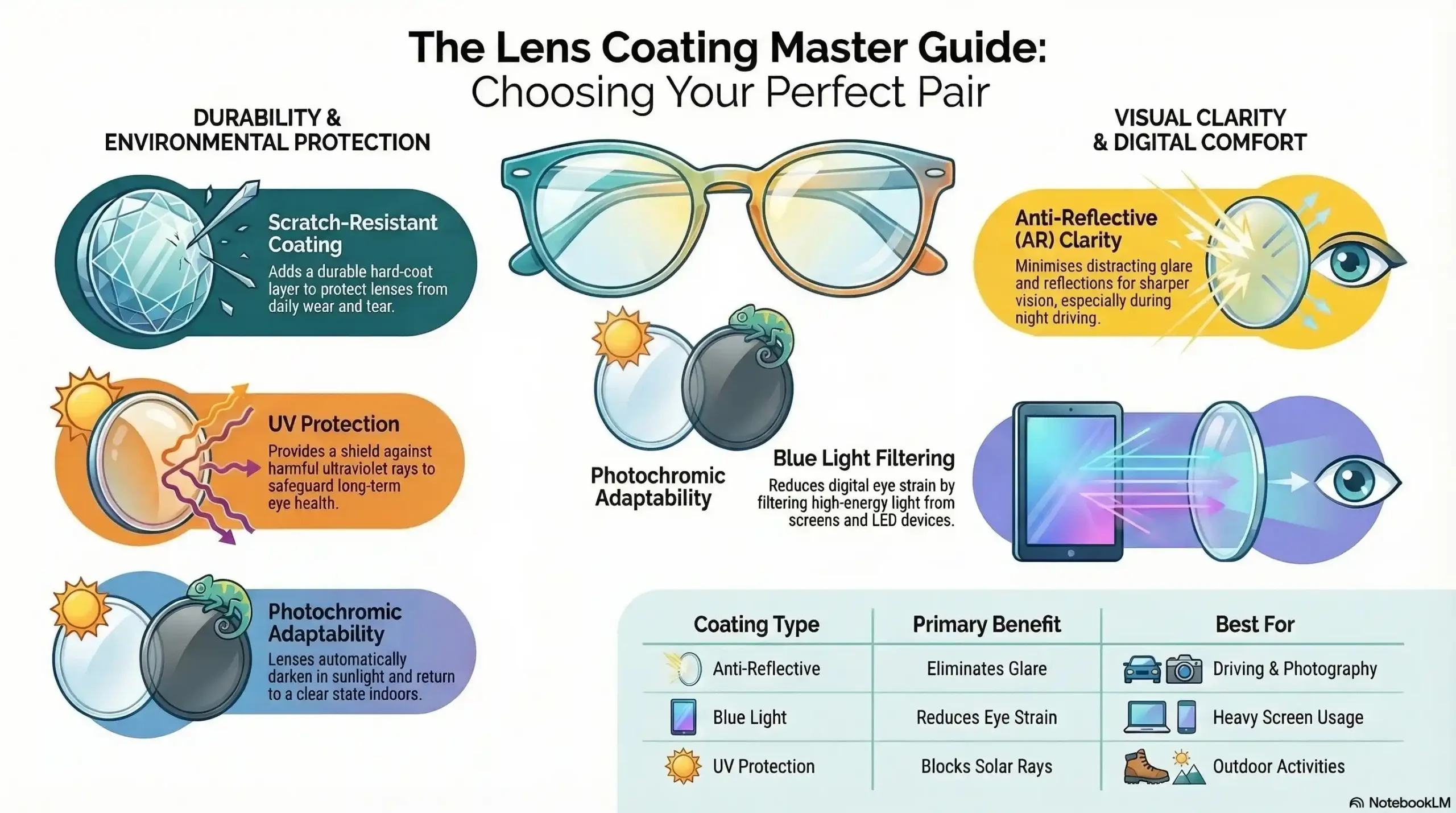 Infographic comparing AR, UV, blue light, scratch-resistant, and photochromic lens coatings with their benefits.