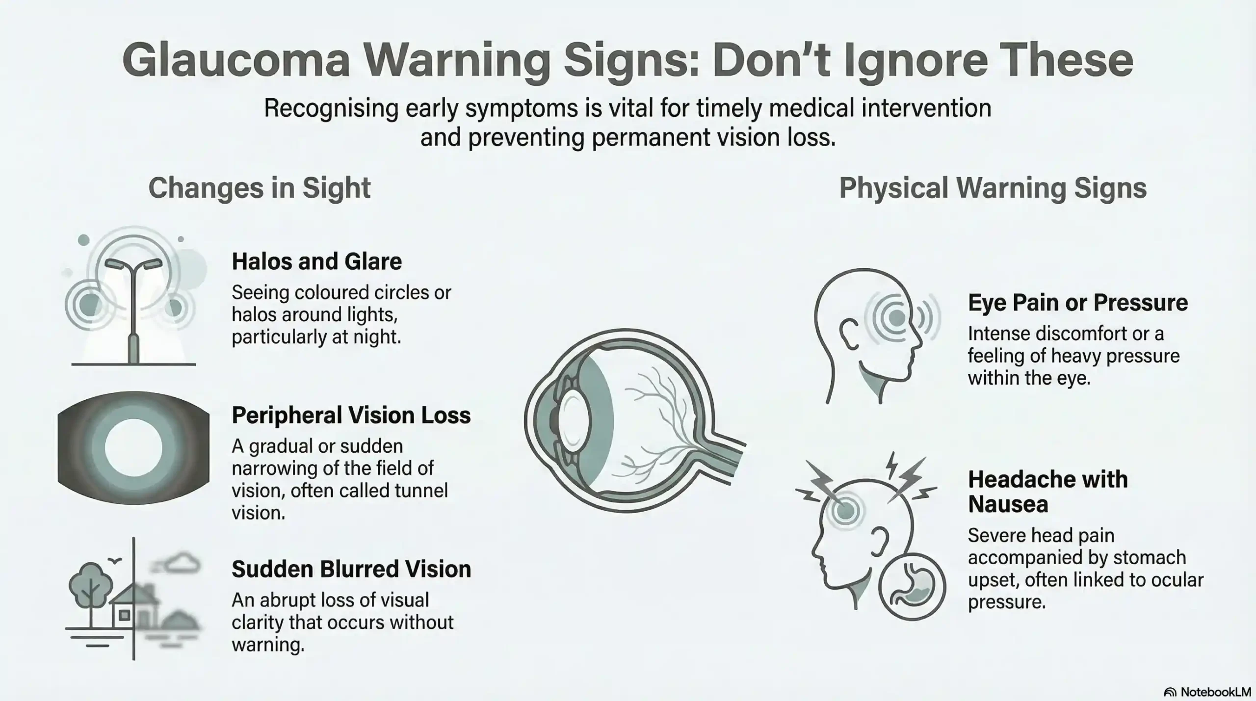 Infographic showing five glaucoma symptoms: halos, tunnel vision, eye pain, blurred vision, and headache with nausea.