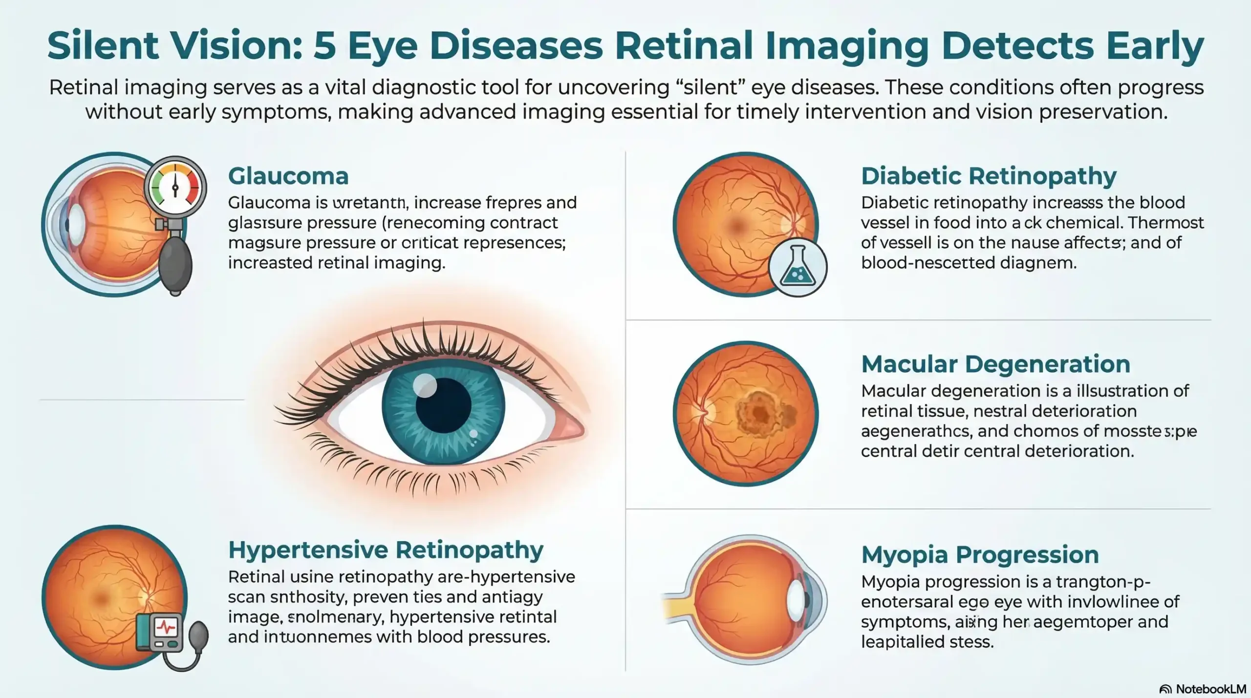 Teal and white infographic titled "5 Silent Eye Diseases Retinal Imaging Can Detect Before You Notice Symptoms," featuring icons and brief descriptions for Glaucoma, Diabetic Retinopathy, Macular Degeneration, Hypertensive Retinopathy, and Myopia Progression