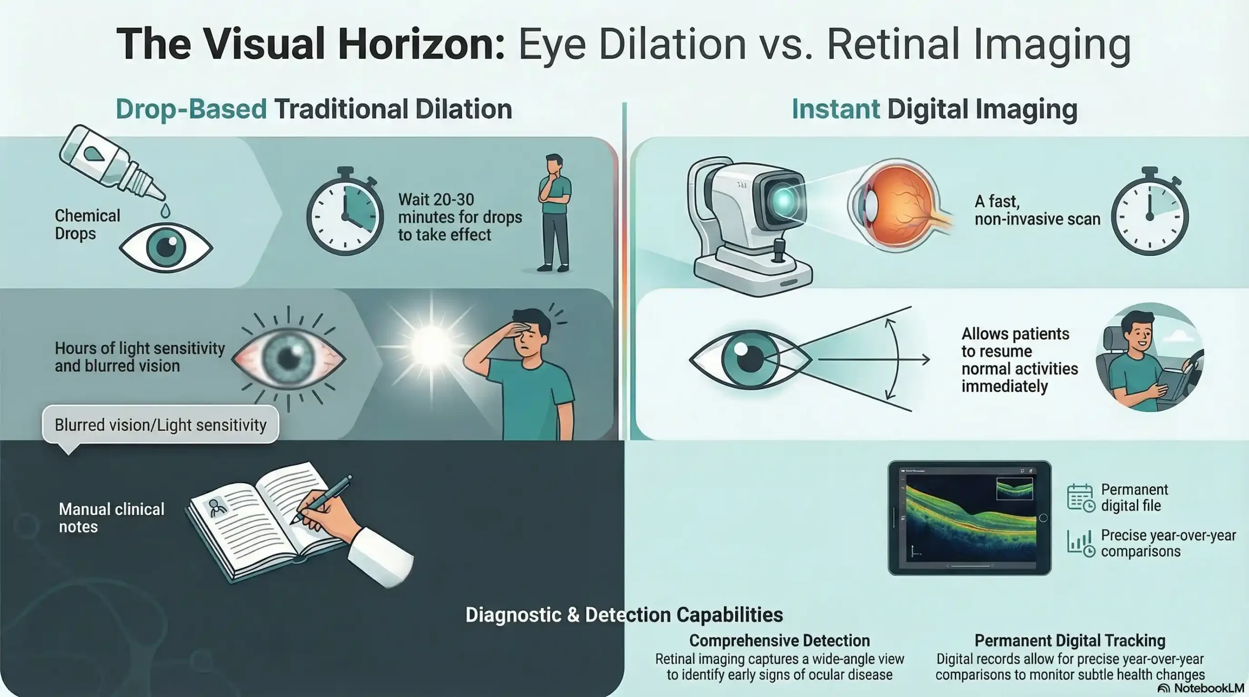 A medical infographic in teal and charcoal comparing the step-by-step procedures, detection capabilities, side effects, and patient experience of eye dilation versus retinal imaging.