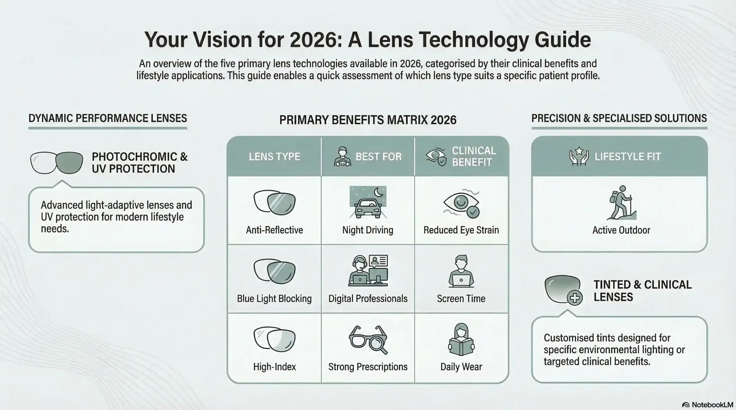 Chart comparing 5 lens types (Anti-Reflective, Blue Light Blocking, Photochromic, High-Index, Tinted) by best use, lifestyle fit, and clinical benefit.