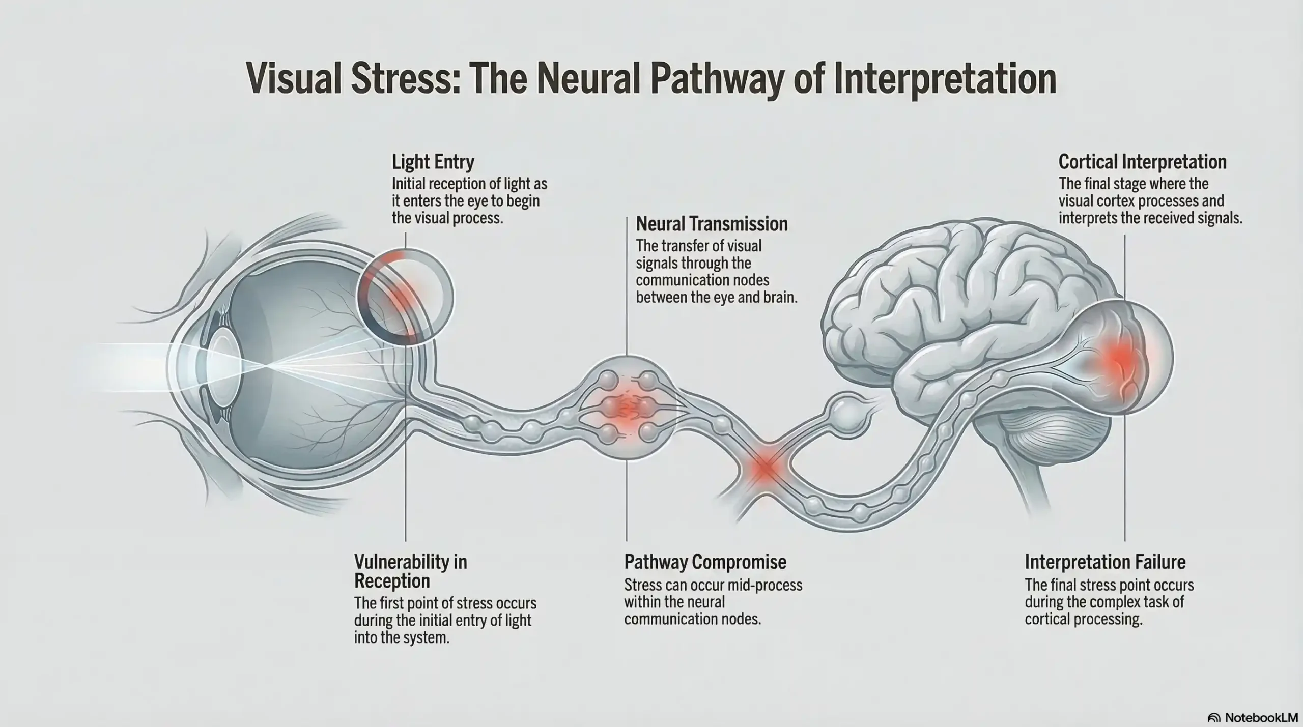 Medical diagram of the brain-eye communication pathway highlighting three points of visual stress.