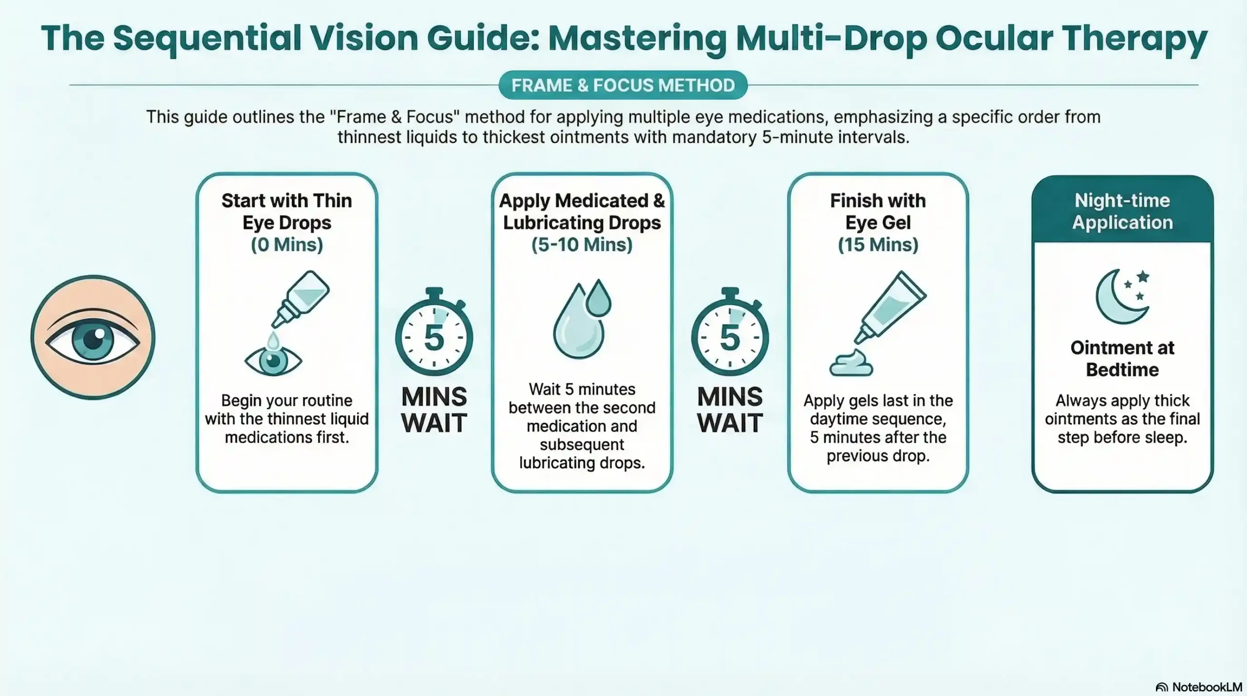 A teal and white timeline detailing five steps: thin drops at 0 min, second medication at 5 min, lubricating drops at 10 min, eye gel at 15 min, and ointment at bedtime.