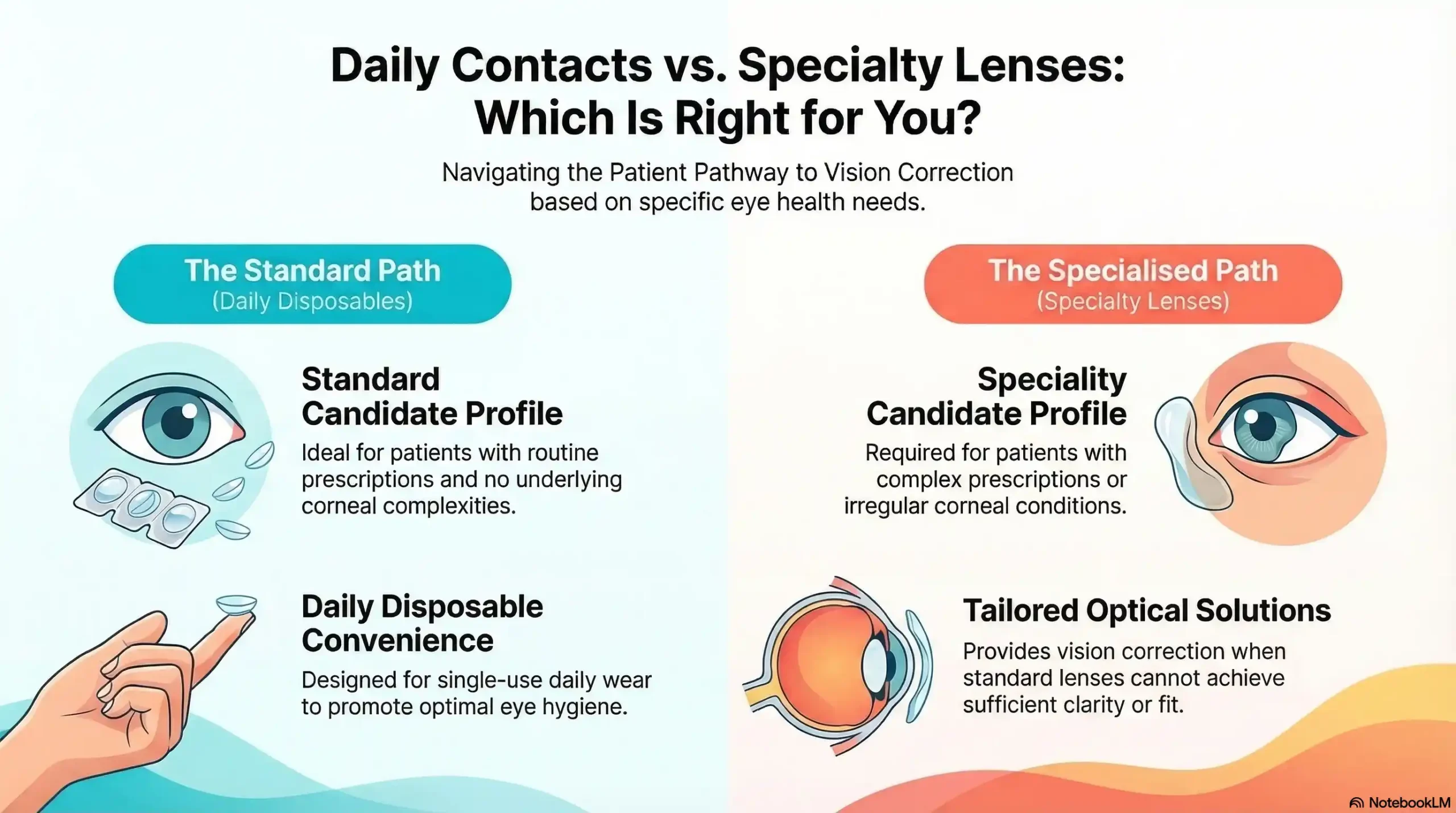 A decision-tree infographic by Frame & Focus Eye Care showing the patient pathways for standard daily disposable contacts versus specialty lenses.