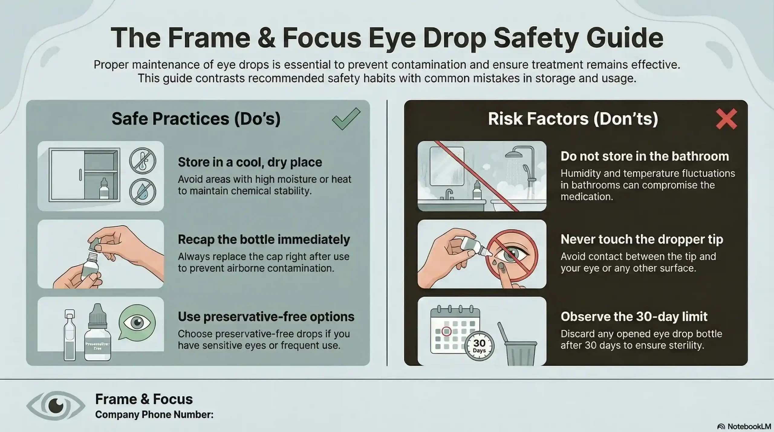 A two-column graphic showing eye drop Do's (store in a cool/dry place, check expiration, recap immediately) and Don'ts (store in bathroom, touch tip to eye, share, or use 30 days past opening).