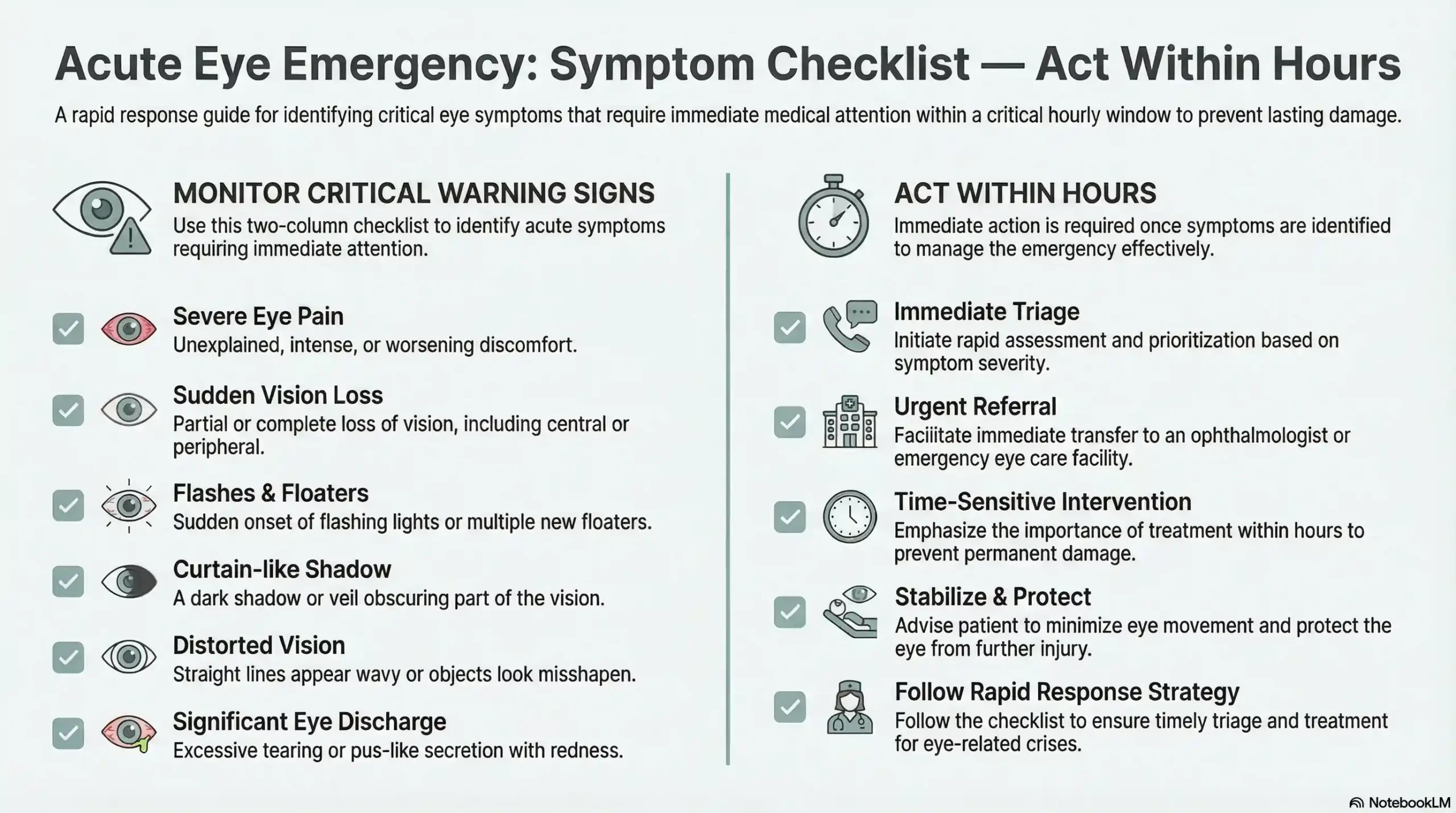 A two-column infographic displaying eye emergency symptoms with a white background, teal accents, and charcoal text
