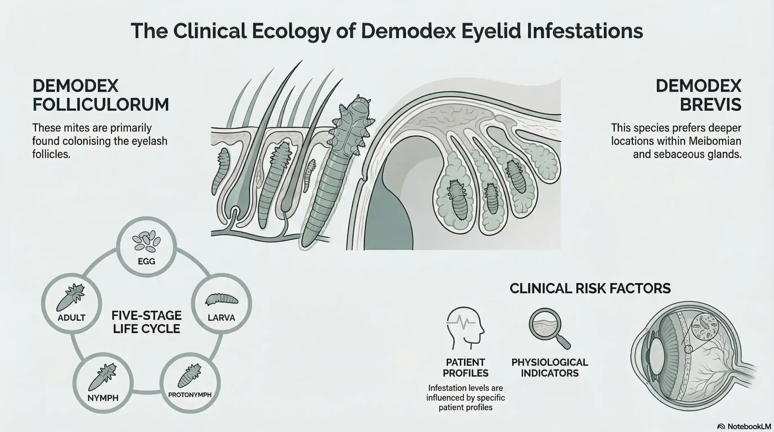 Clinical-style diagram on a light background showing two Demodex mite species, their preferred locations on the eyelid, life cycle stages, and an icon chart of risk factors.