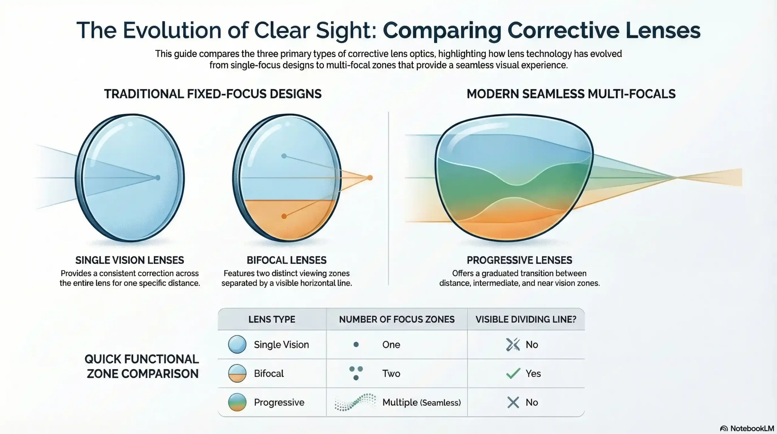 Diagram illustrating the different visual areas for single vision, bifocal, and progressive lenses.