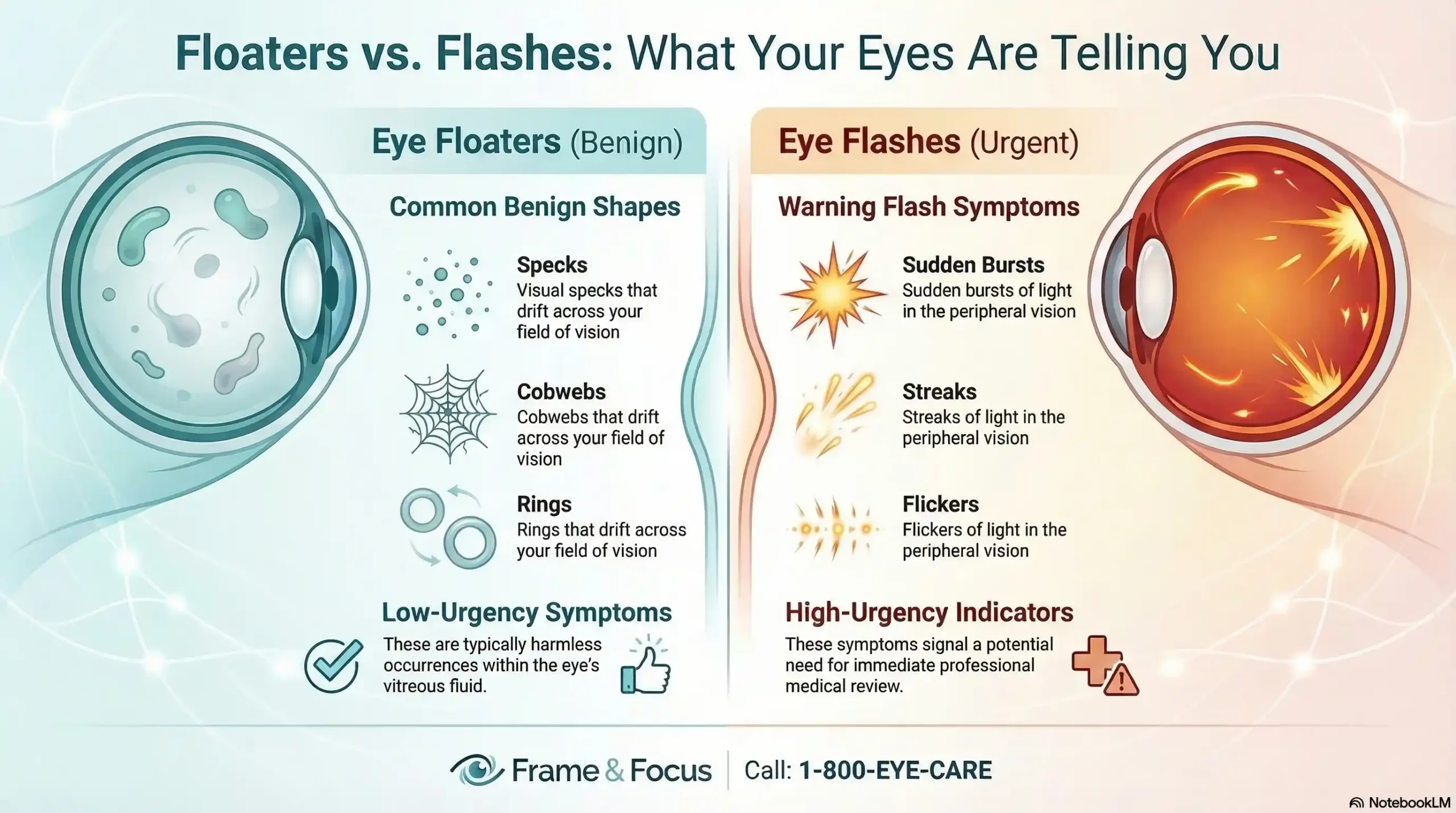 Infographic by Frame & Focus comparing benign teal eye floaters (specks, cobwebs, rings) with amber/red warning flashes.
