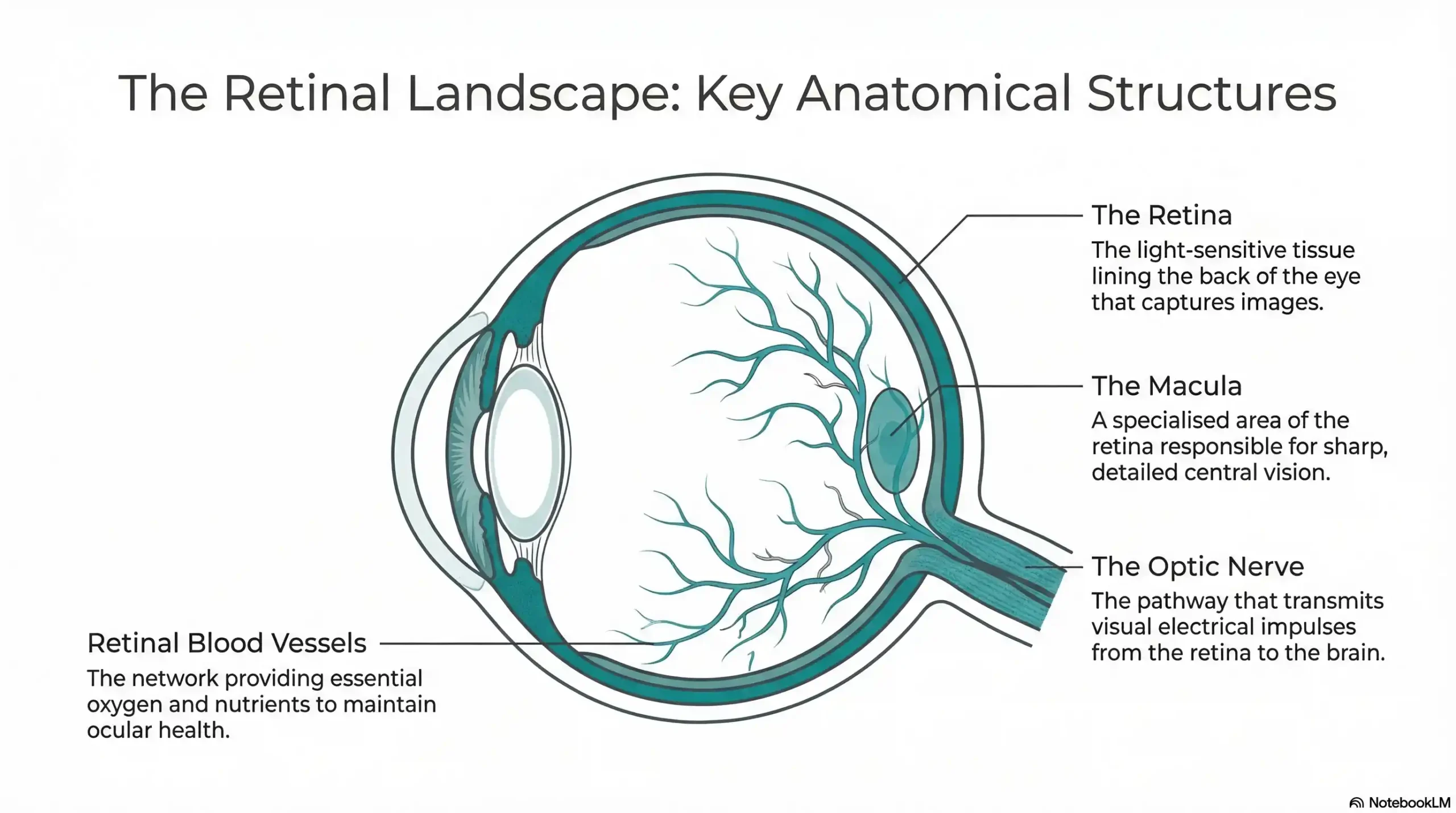 Clean teal and charcoal medical illustration of human eye anatomy with labeled arrows