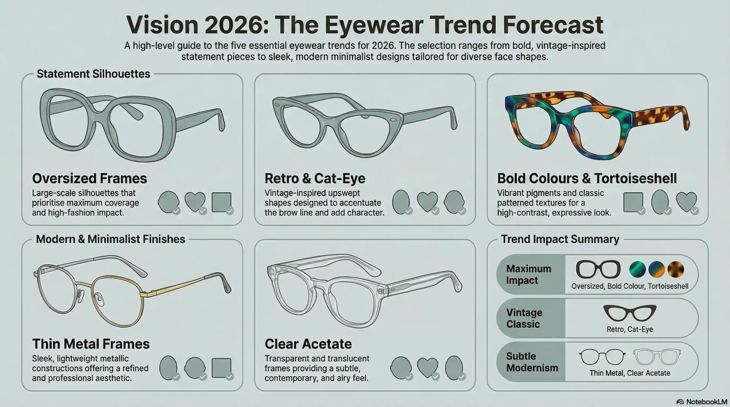 Grid displaying Oversized, Retro/Cat-Eye, Thin Metal, Clear Acetate, and Bold Color frames with matching face shape icons and style descriptors.