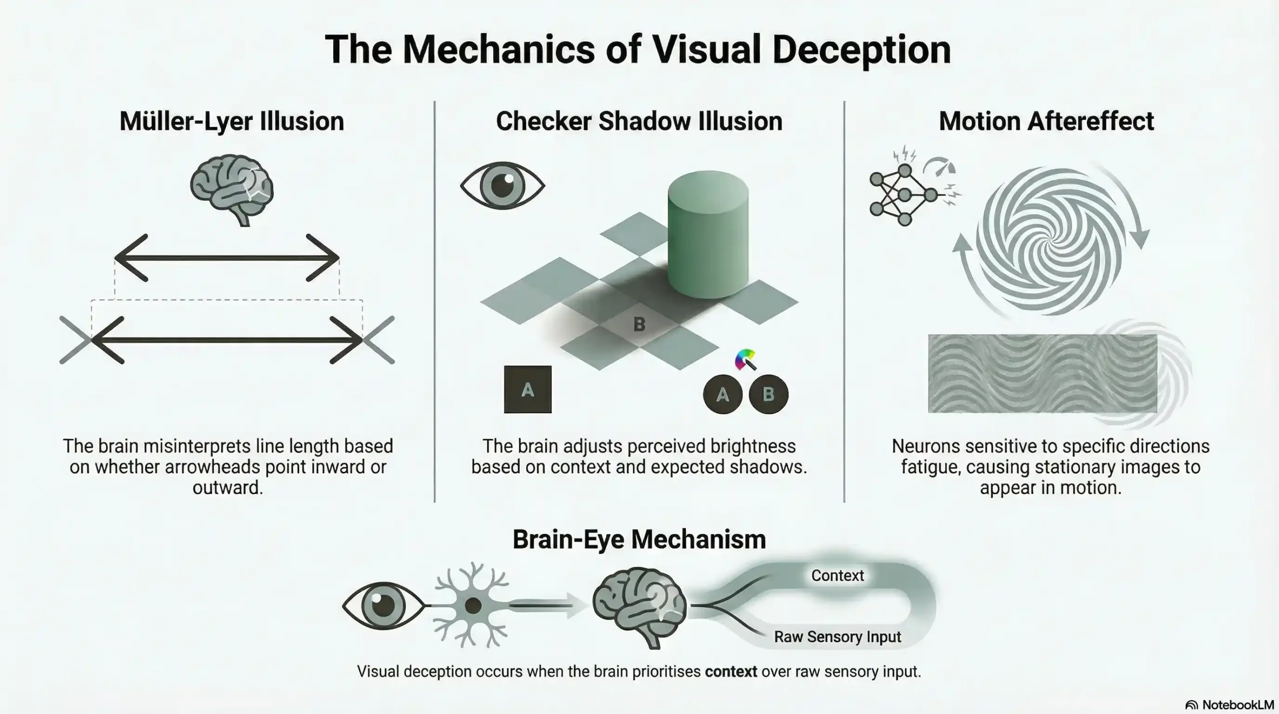 Infographic explaining the brain-eye mechanisms behind the Müller-Lyer, Checker Shadow, and Motion Aftereffect illusions.